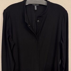 Eileen Fisher Minimalist Black Mandarin Collar Snap Button Tunic Cardigan Size S